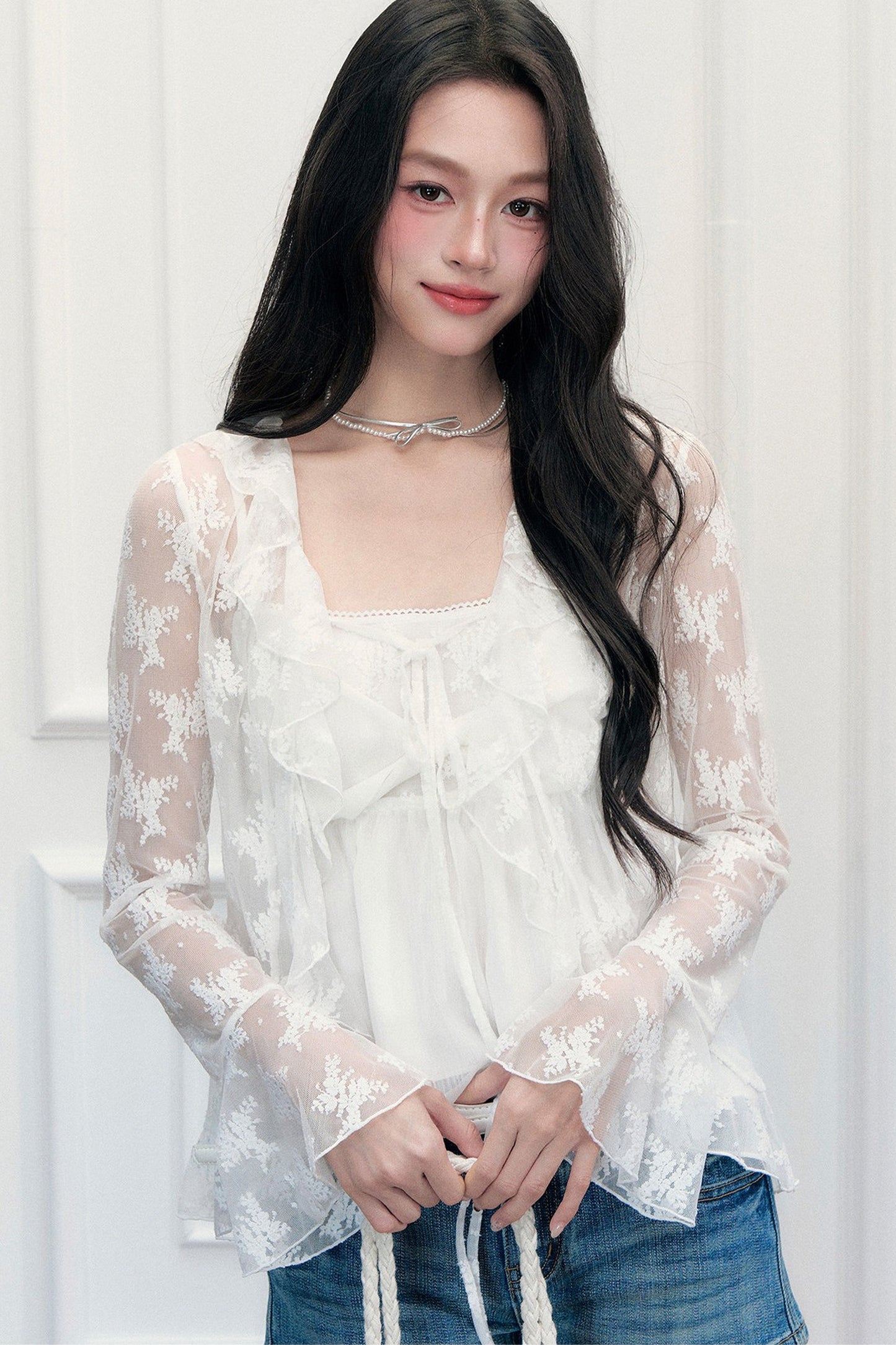 White Floral Lace Cardigan Camisole Set-Up