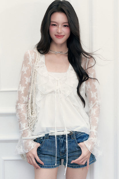 White Floral Lace Cardigan Camisole Set-Up