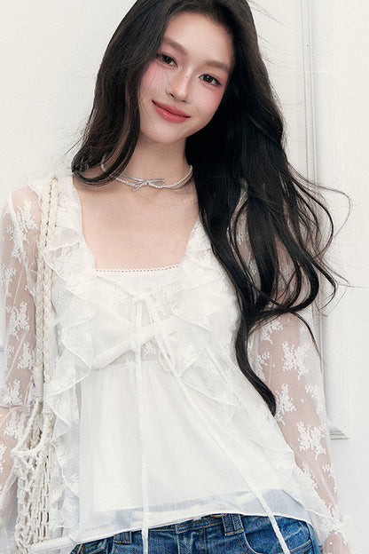 White Floral Lace Cardigan Camisole Set-Up