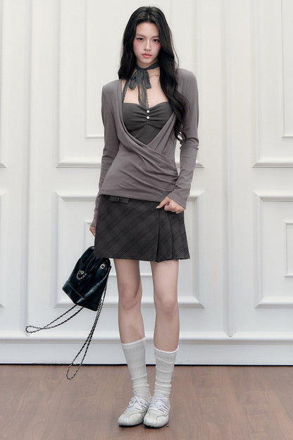 Suspender Blouse Cover-up and Skirt Three-Piece Set-Up