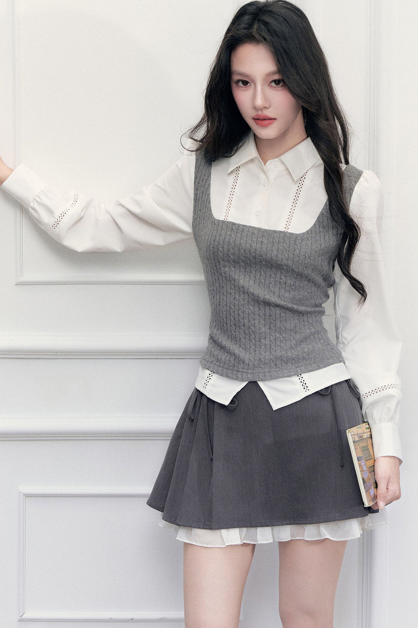 Preppy Shoulder Cutout Lace Blouse and Skirt Set-Up