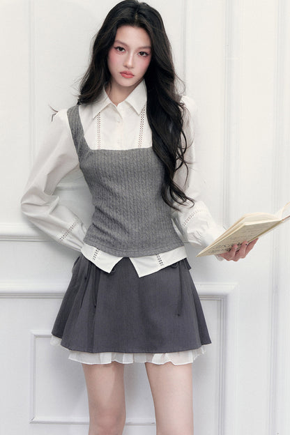 Preppy Shoulder Cutout Lace Blouse and Skirt Set-Up