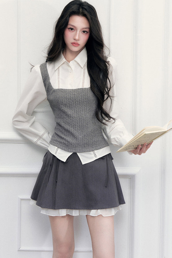 Preppy Shoulder Cutout Lace Blouse and Skirt Set-Up