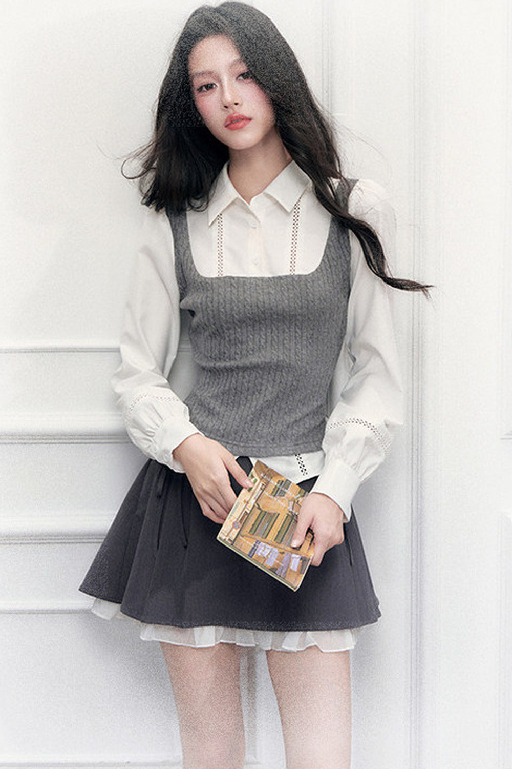 Preppy Shoulder Cutout Lace Blouse and Skirt Set-Up