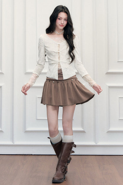 Misty Twisted Hollow Lace Spliced T-Shirt and Skirt Set-Up