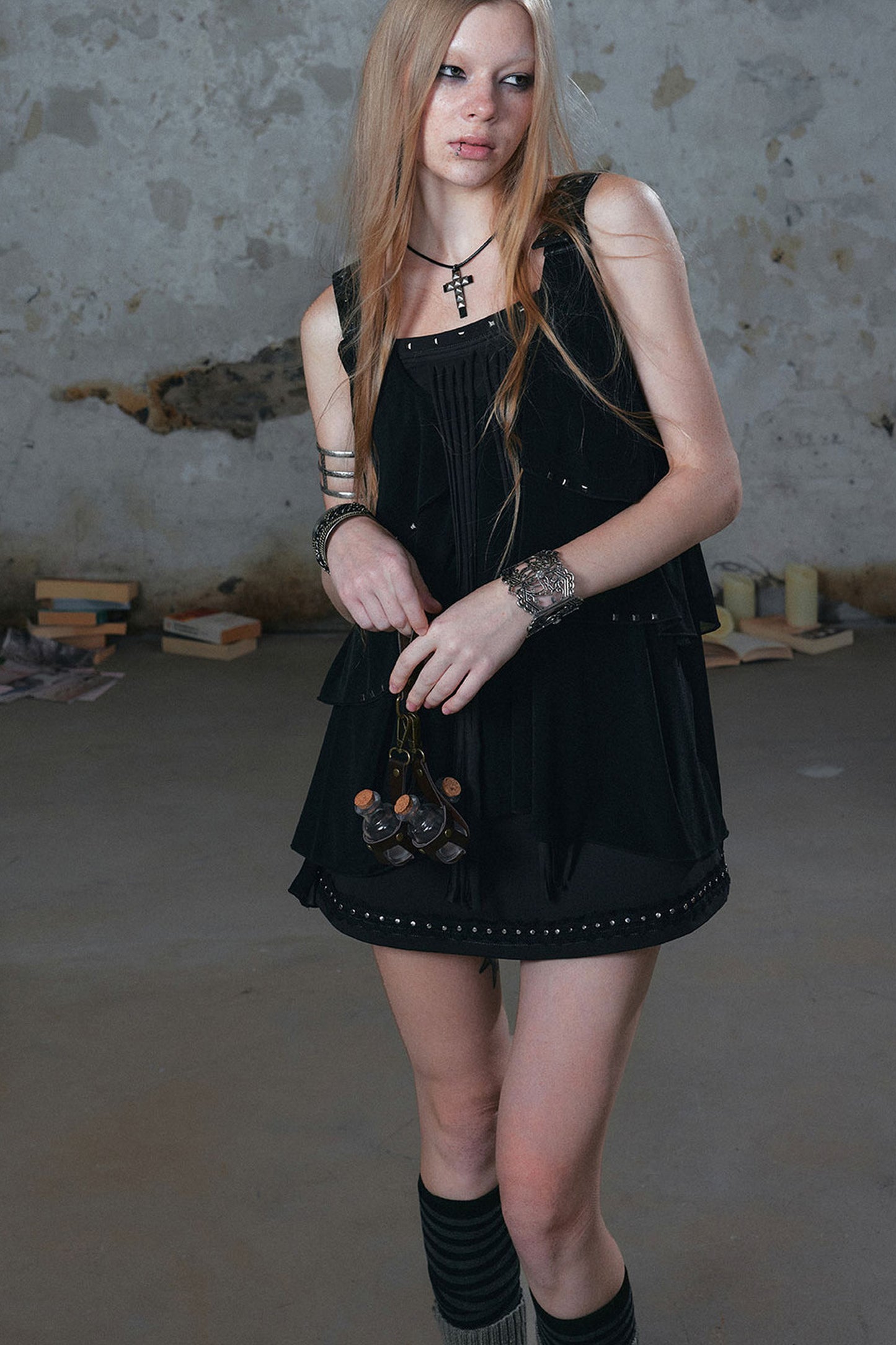 Ruffled Rivet Tassel Cake Camisole Dress