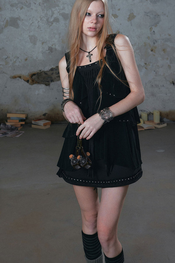 Ruffled Rivet Tassel Cake Camisole Dress