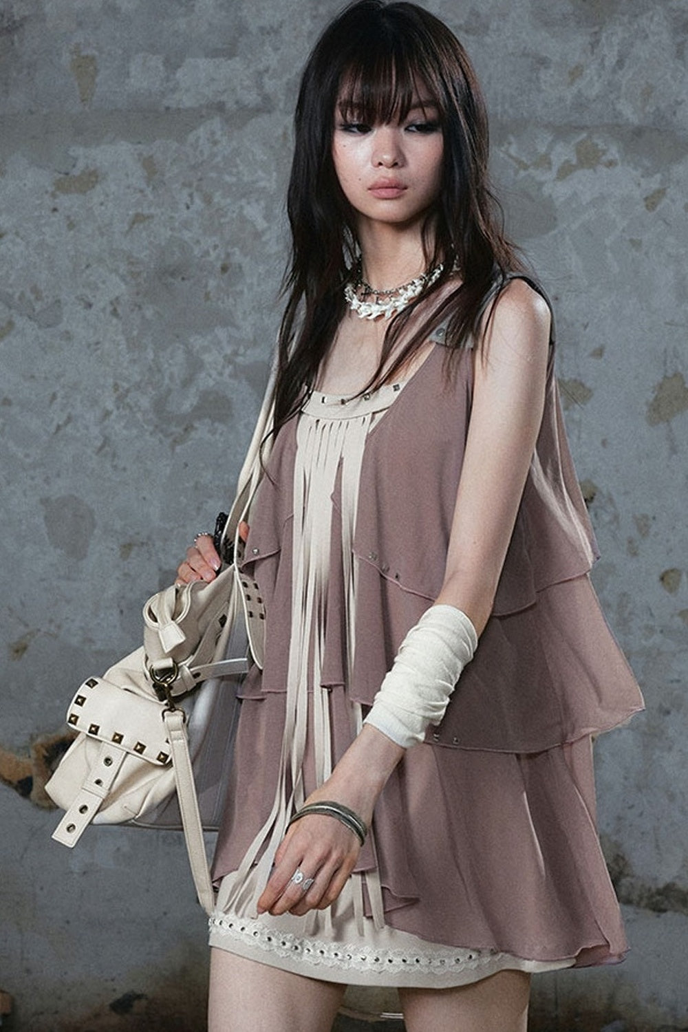 Ruffled Rivet Tassel Cake Camisole Dress