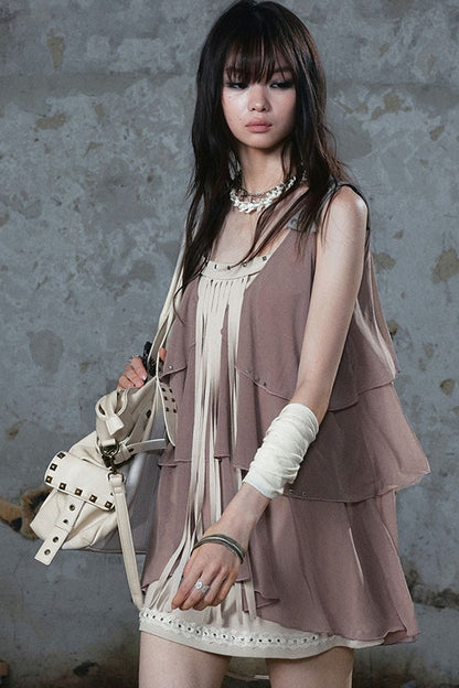 Ruffled Rivet Tassel Cake Camisole Dress