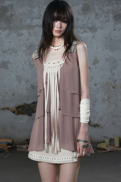 Ruffled Rivet Tassel Cake Camisole Dress