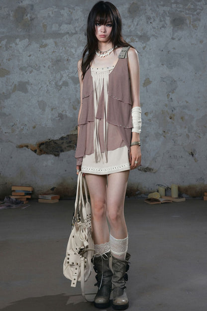 Ruffled Rivet Tassel Cake Camisole Dress