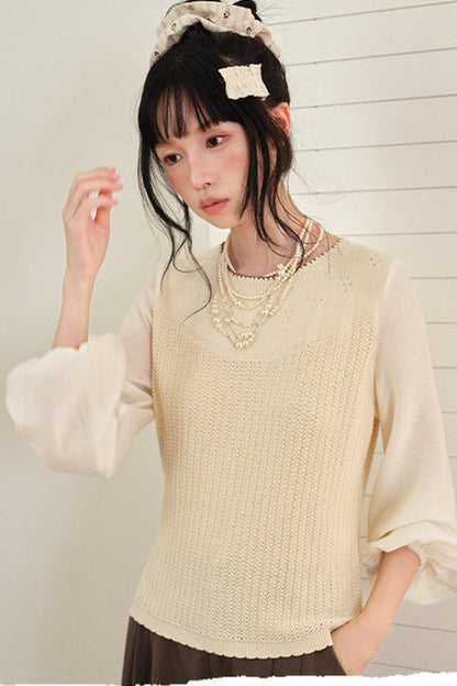 Layered-Look Hollow Knit Top