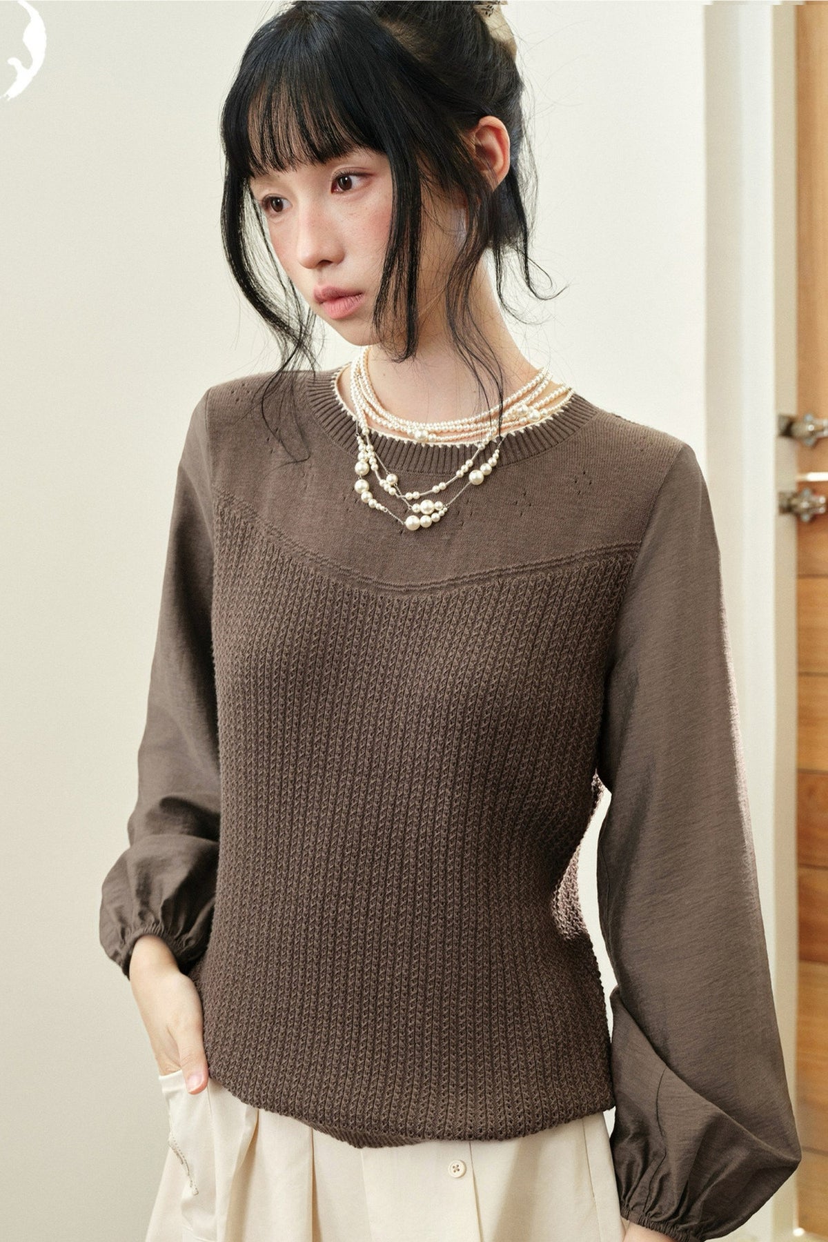 Layered-Look Hollow Knit Top