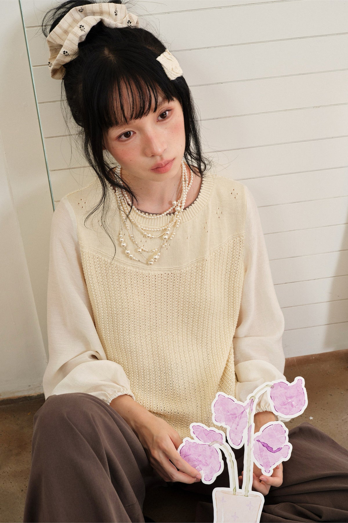 Layered-Look Hollow Knit Top