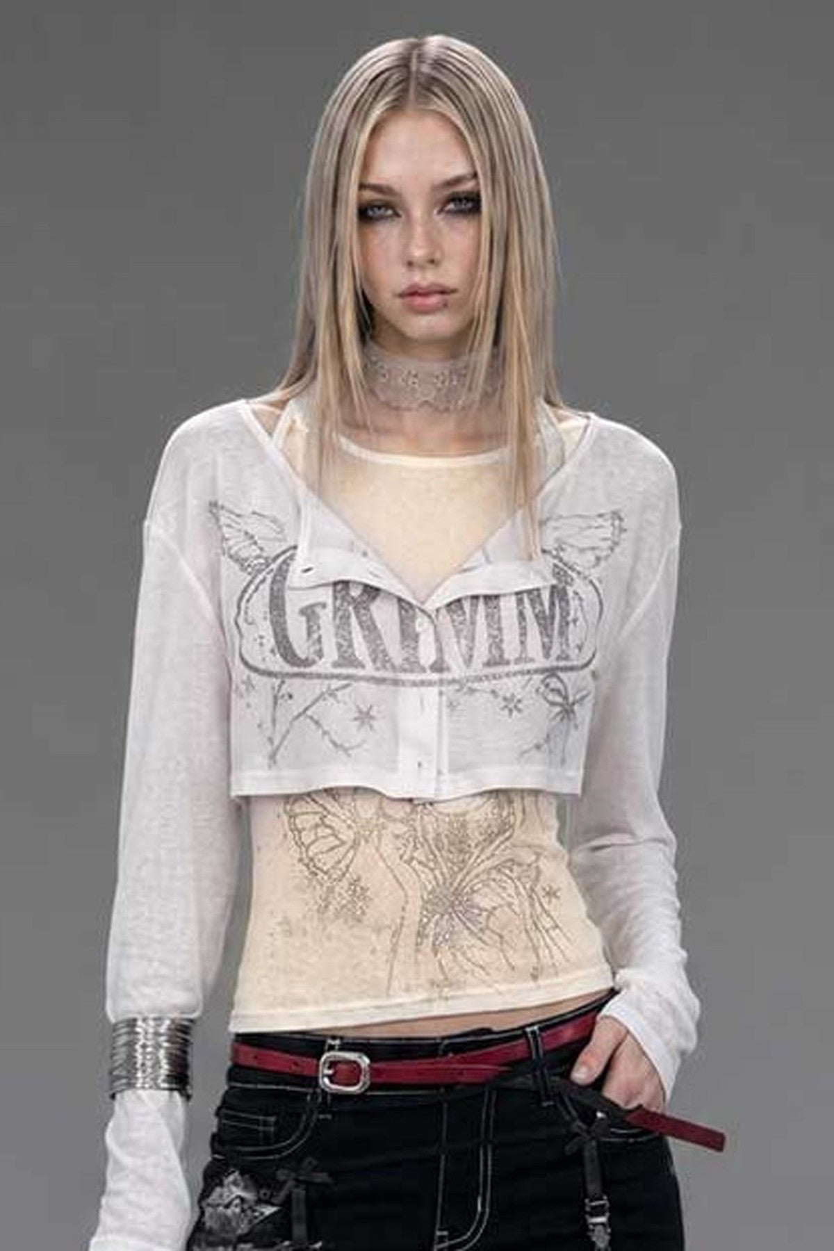 Silver Letter Print Long-Sleeve T-Shirt Set-Up