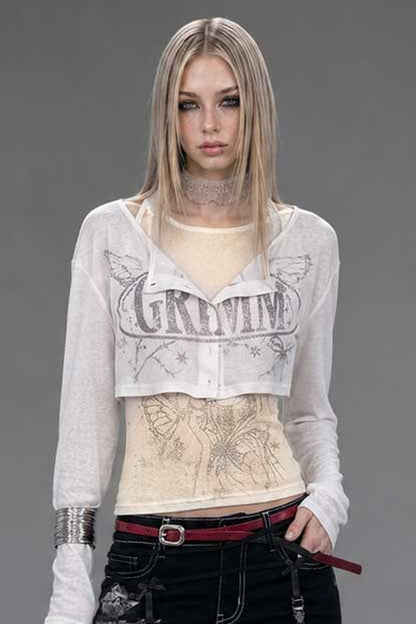 Silver Letter Print Long-Sleeve T-Shirt Set-Up