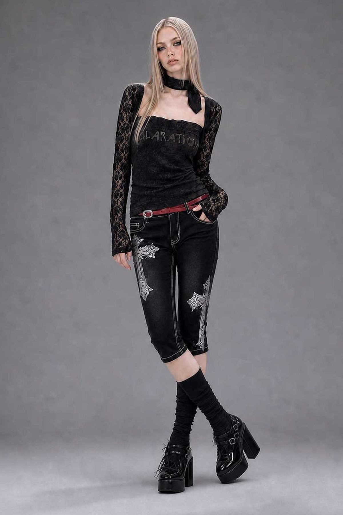 Black Lace Long-Sleeved Top Set-Up