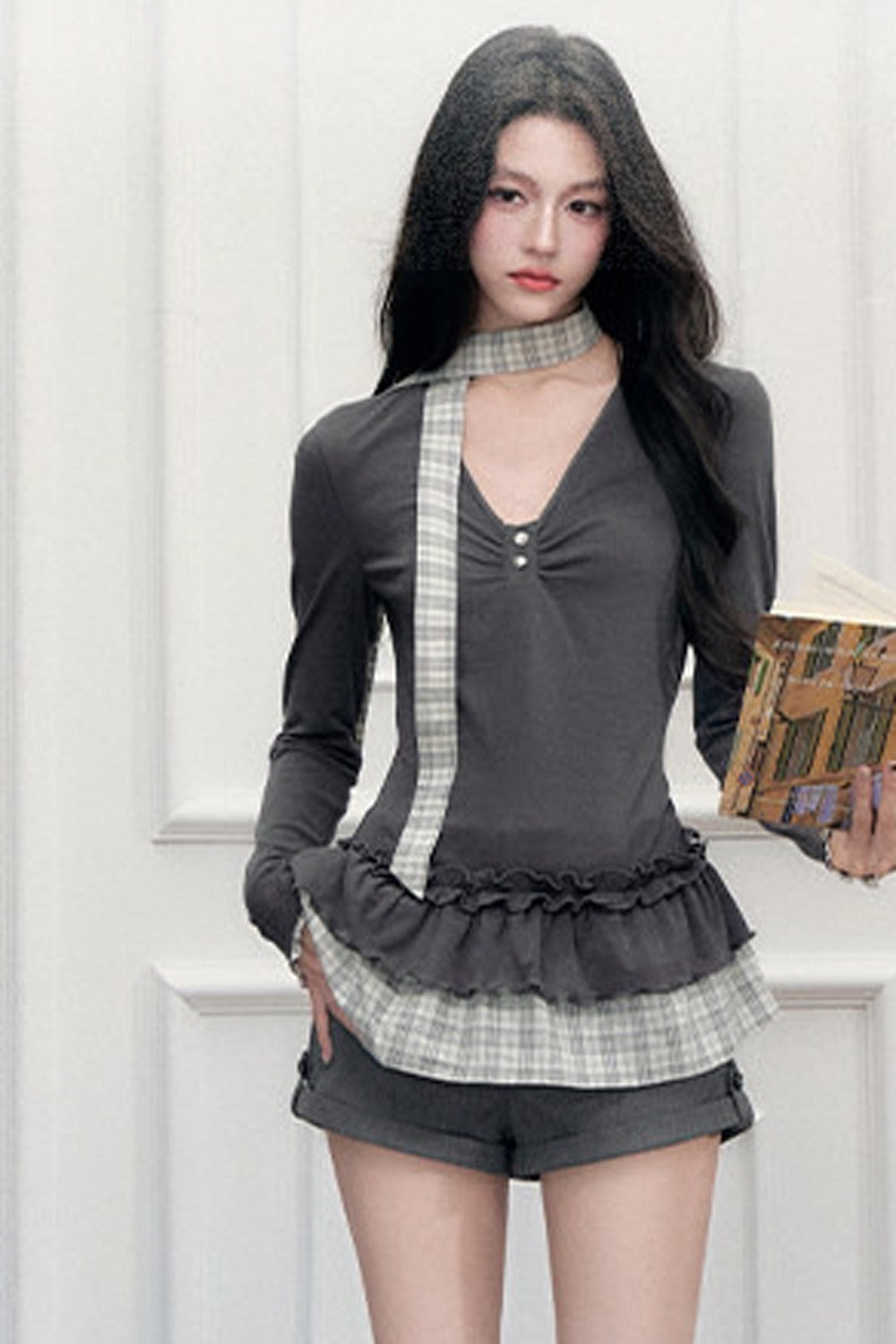 Plaid V-Neck Top and Shorts Set-Up