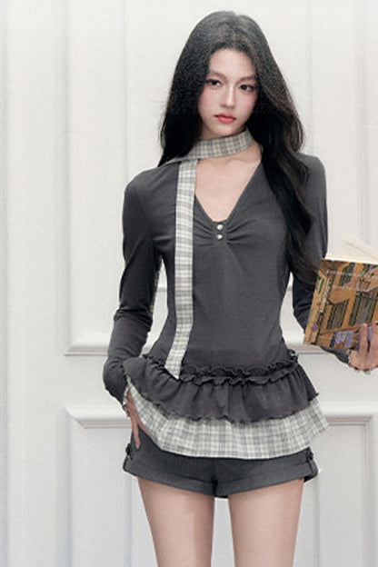 Plaid V-Neck Top and Shorts Set-Up