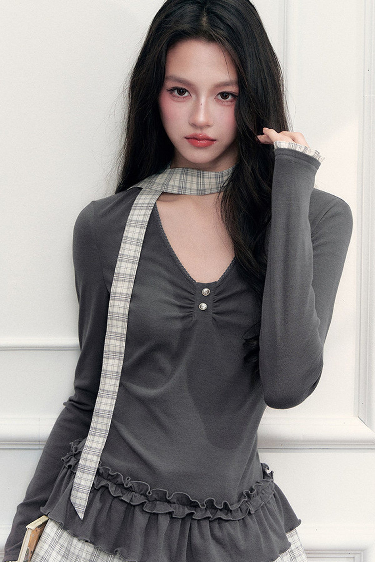 Plaid V-Neck Top and Shorts Set-Up