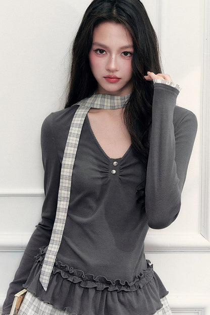 Plaid V-Neck Top and Shorts Set-Up