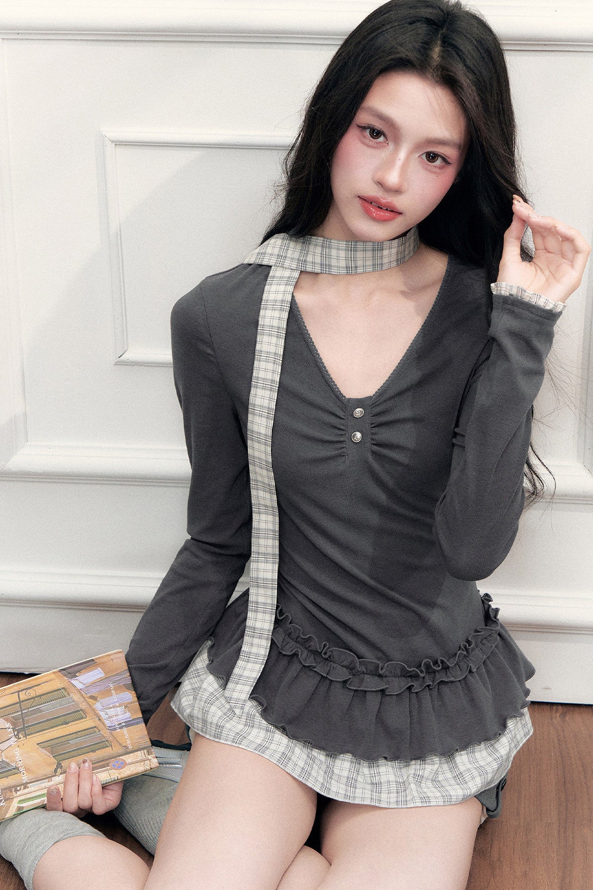 Plaid V-Neck Top and Shorts Set-Up
