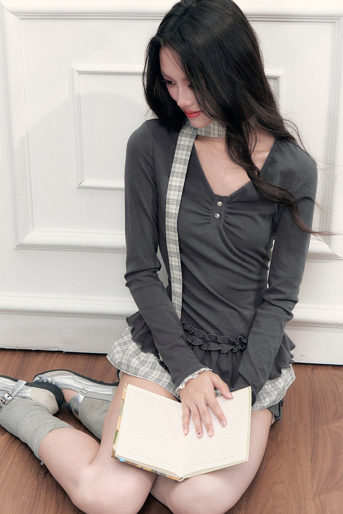 Plaid V-Neck Top and Shorts Set-Up