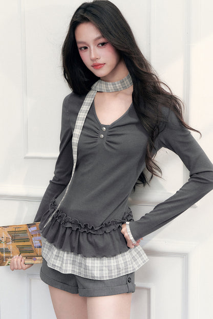 Plaid V-Neck Top and Shorts Set-Up
