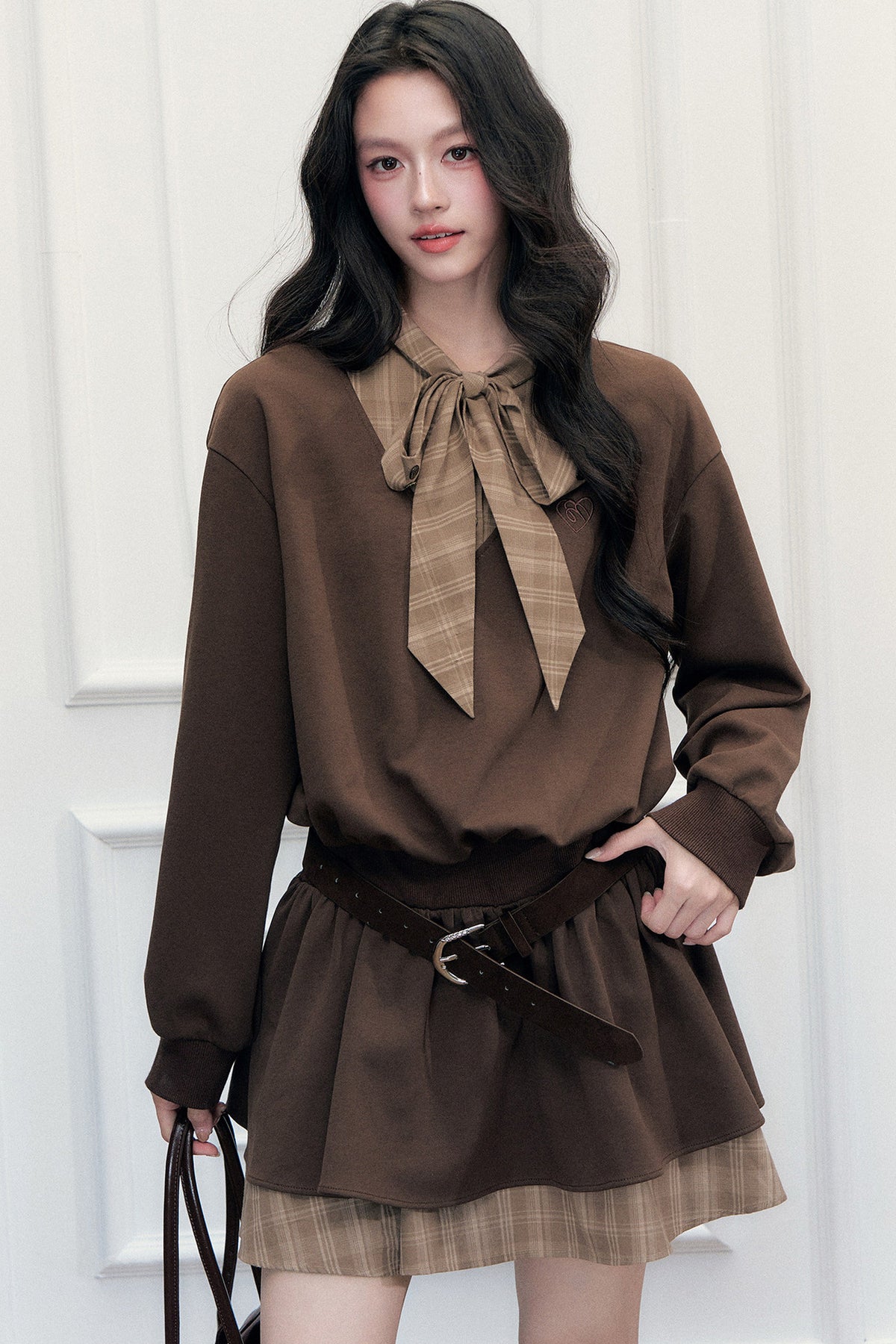 Plaid Tie Patchwork Layered-Look Dress