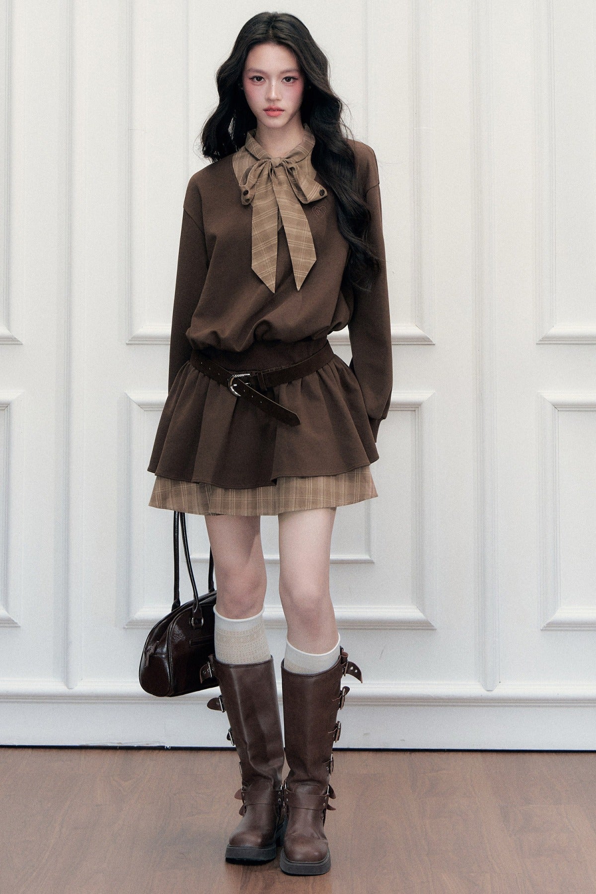 Plaid Tie Patchwork Layered-Look Dress