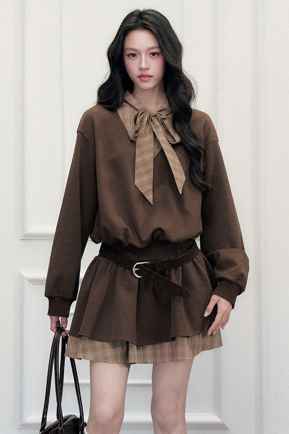 Plaid Tie Patchwork Layered-Look Dress