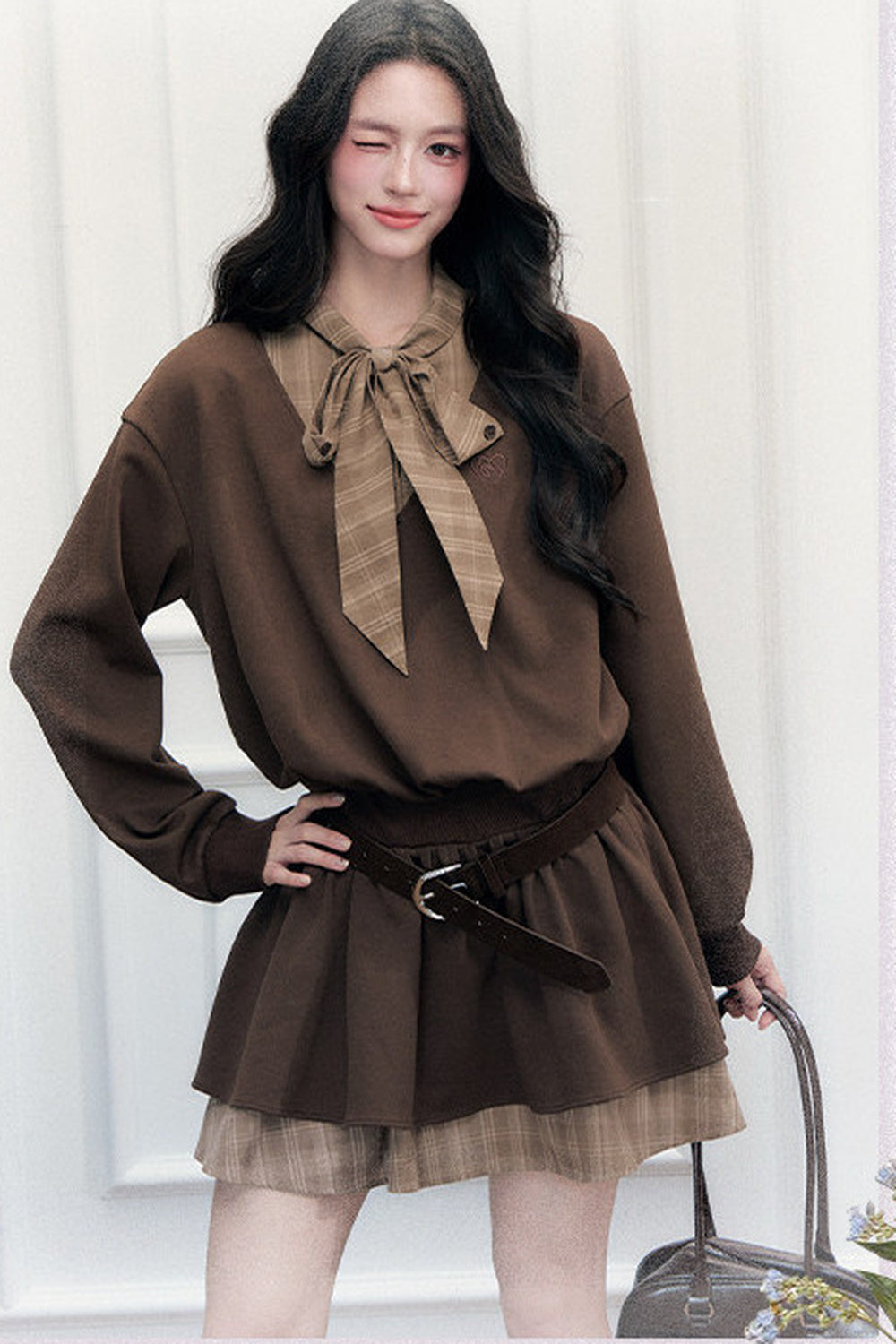 Plaid Tie Patchwork Layered-Look Dress