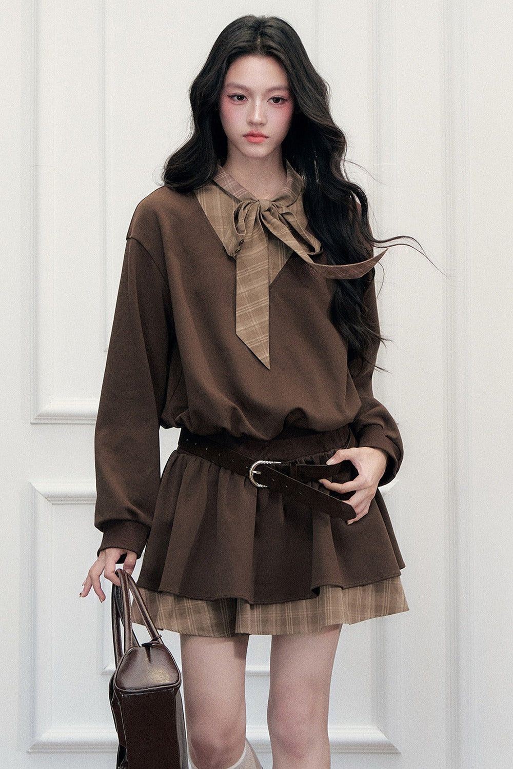 Plaid Tie Patchwork Layered-Look Dress