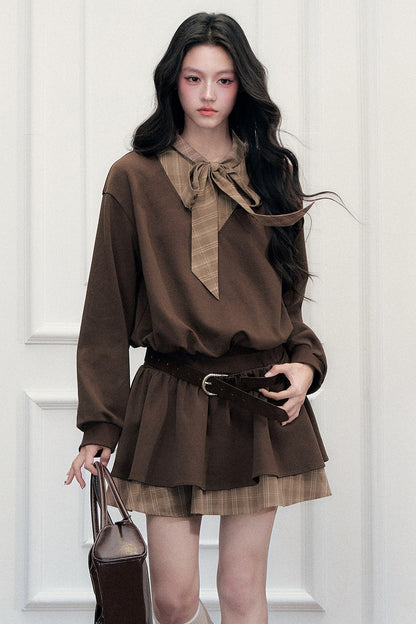 Plaid Tie Patchwork Layered-Look Dress