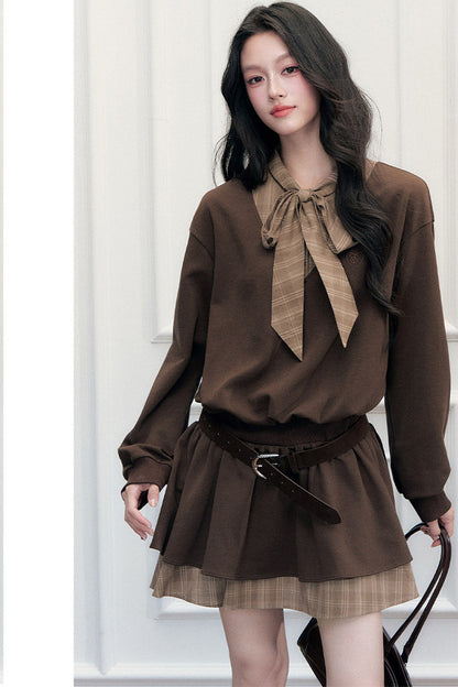 Plaid Tie Patchwork Layered-Look Dress