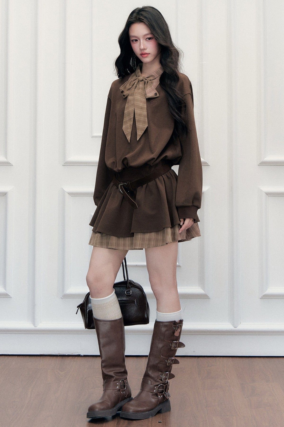 Plaid Tie Patchwork Layered-Look Dress