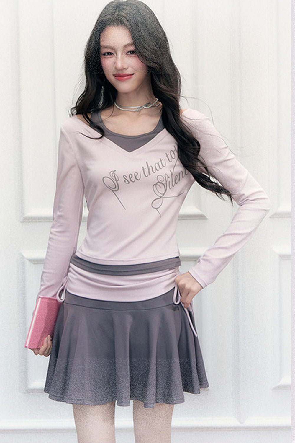 Layered-Look Letter Print Top and Skirt Set-Up