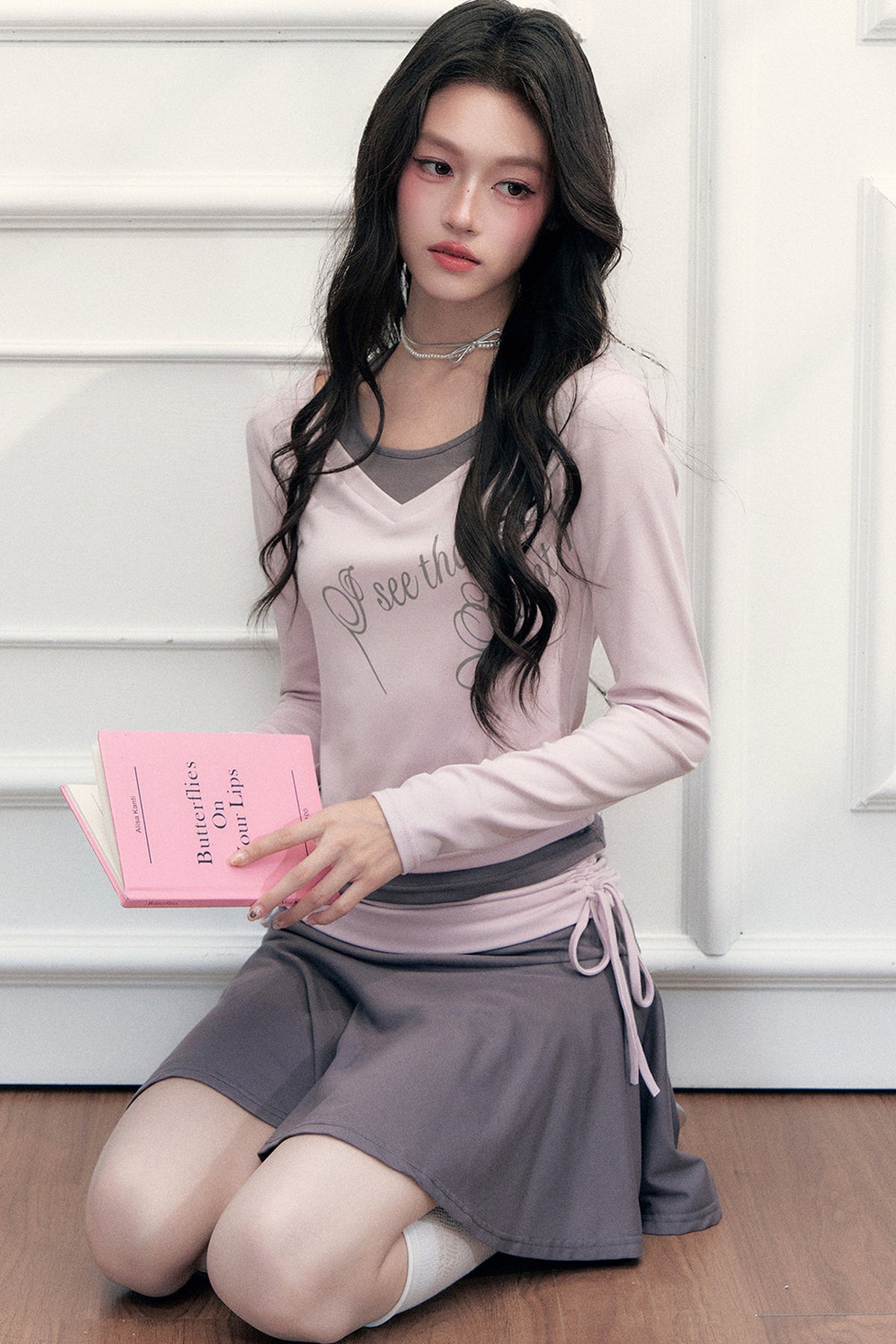 Layered-Look Letter Print Top and Skirt Set-Up
