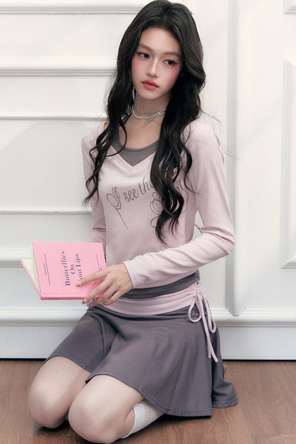 Layered-Look Letter Print Top and Skirt Set-Up