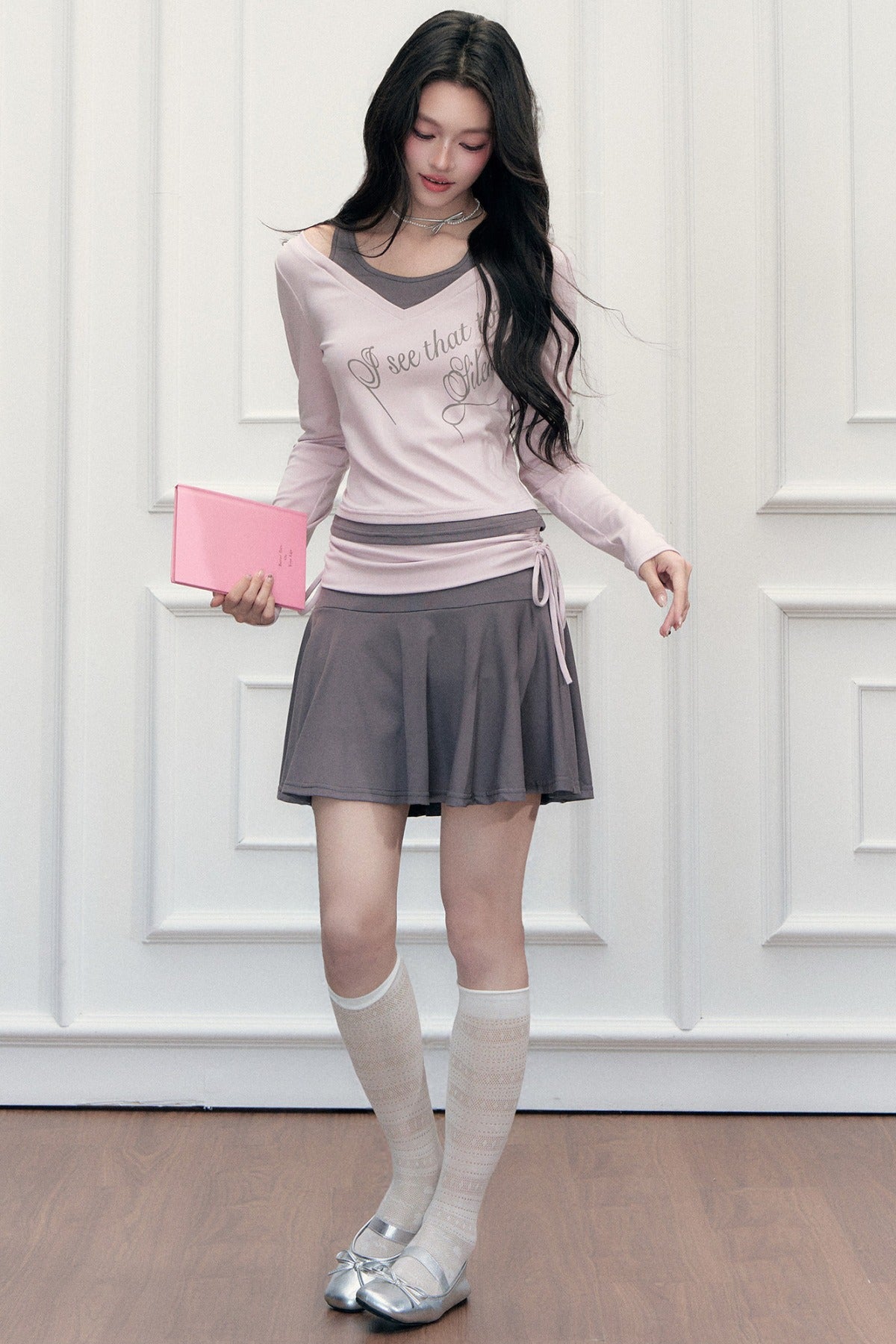 Layered-Look Letter Print Top and Skirt Set-Up
