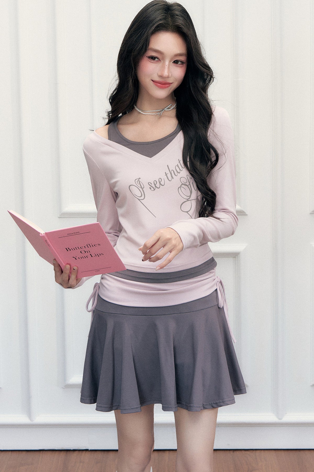 Layered-Look Letter Print Top and Skirt Set-Up
