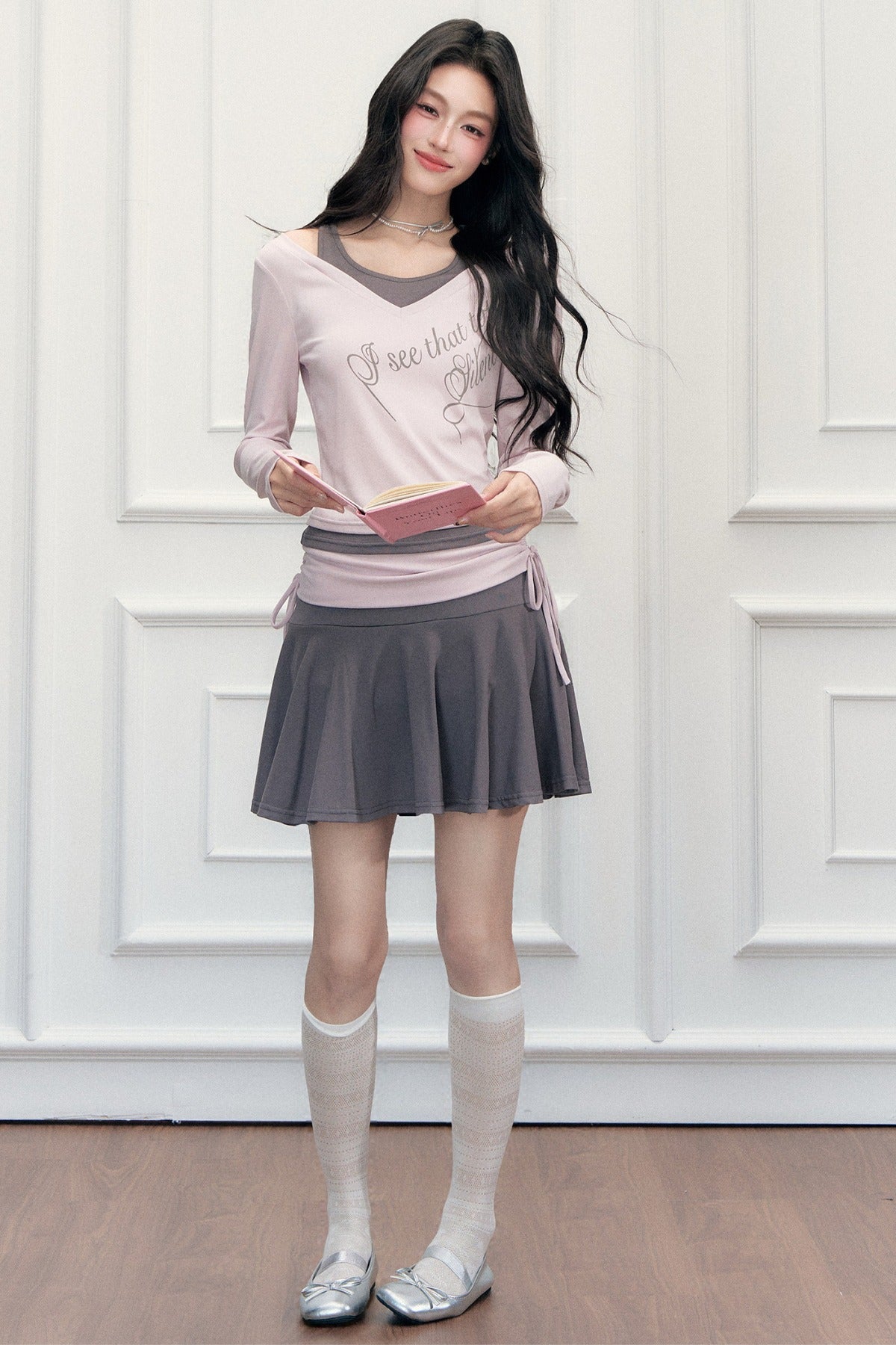 Layered-Look Letter Print Top and Skirt Set-Up