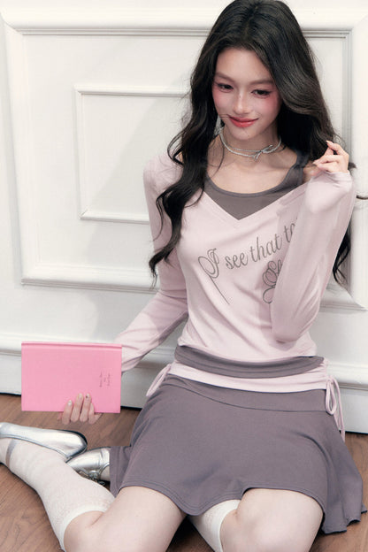 Layered-Look Letter Print Top and Skirt Set-Up