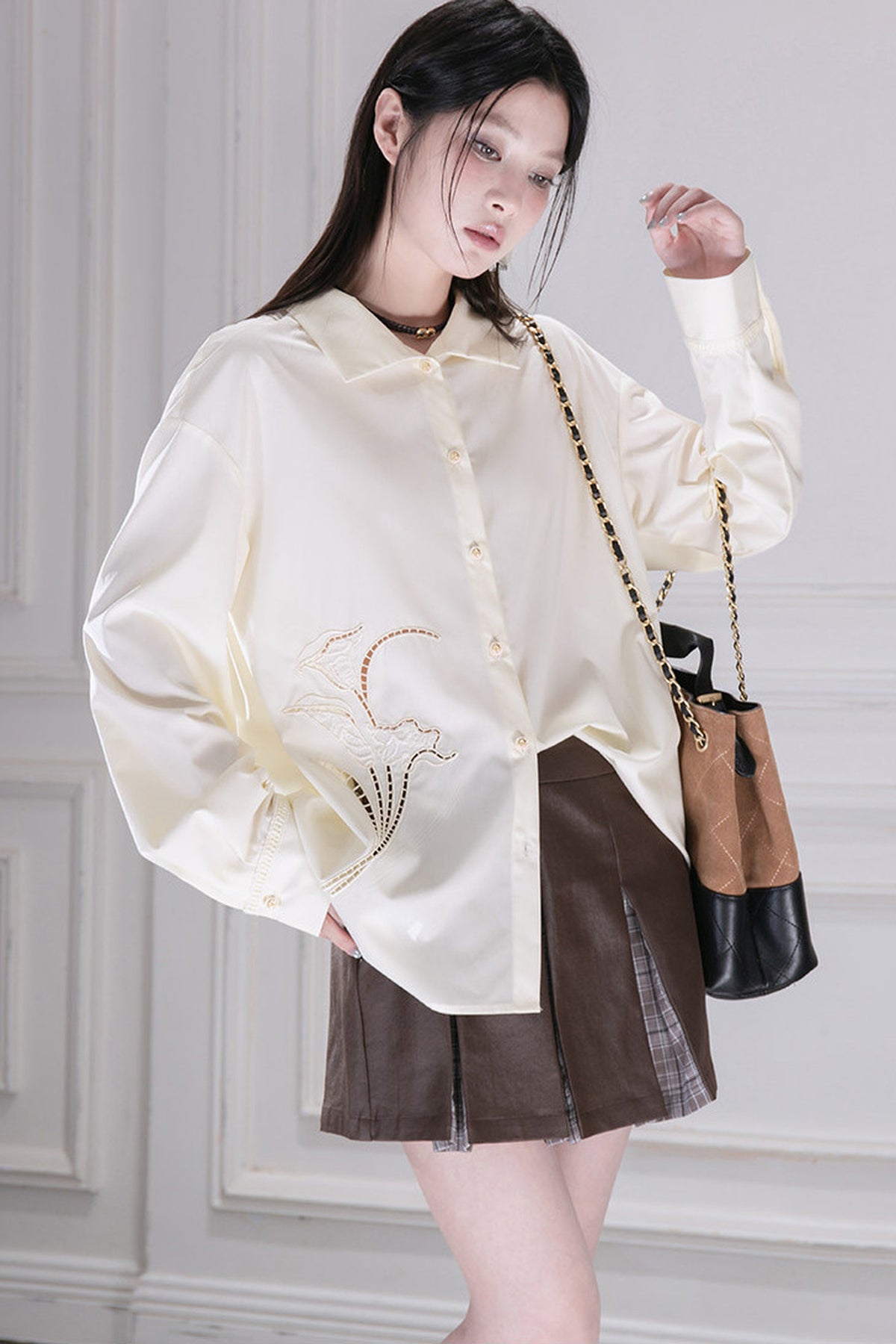 Hollow Out Floral Embroidered Modal Shirt