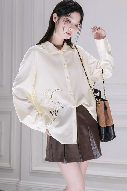 Hollow Out Floral Embroidered Modal Shirt