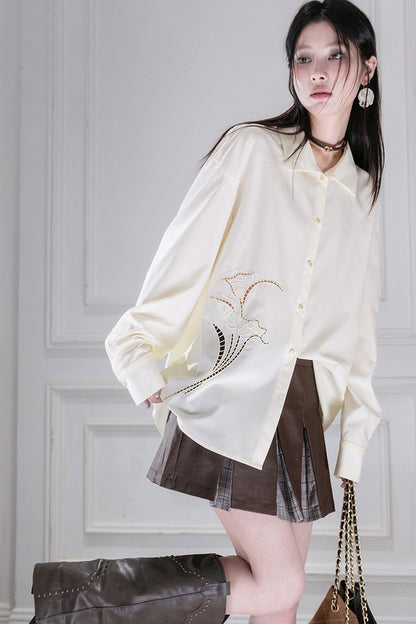 Hollow Out Floral Embroidered Modal Shirt