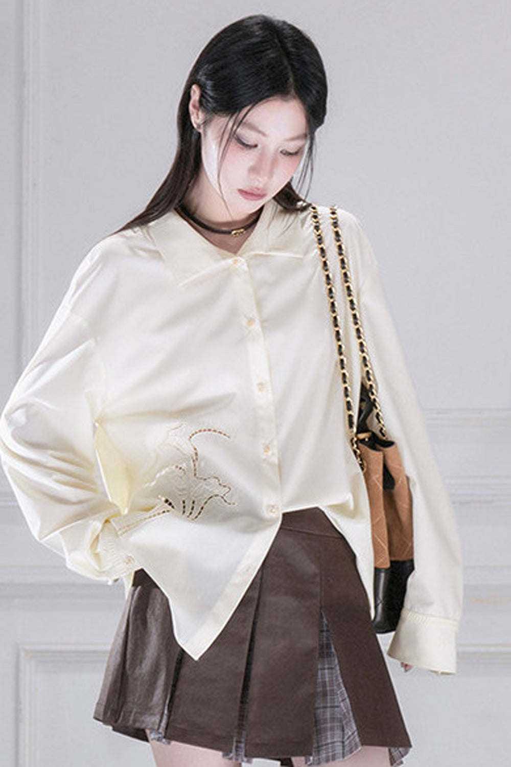 Hollow Out Floral Embroidered Modal Shirt