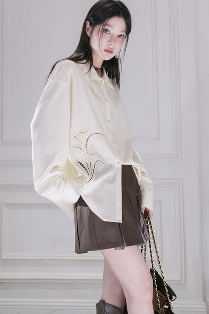 Hollow Out Floral Embroidered Modal Shirt