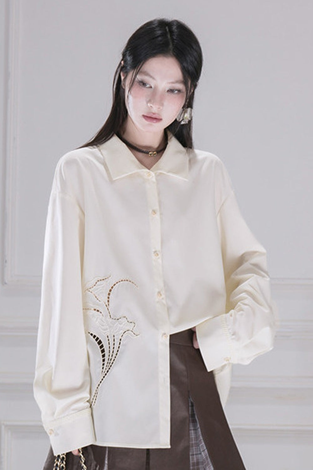 Hollow Out Floral Embroidered Modal Shirt