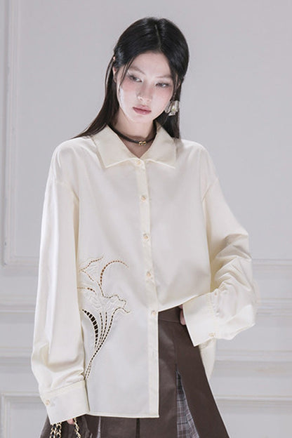 Hollow Out Floral Embroidered Modal Shirt